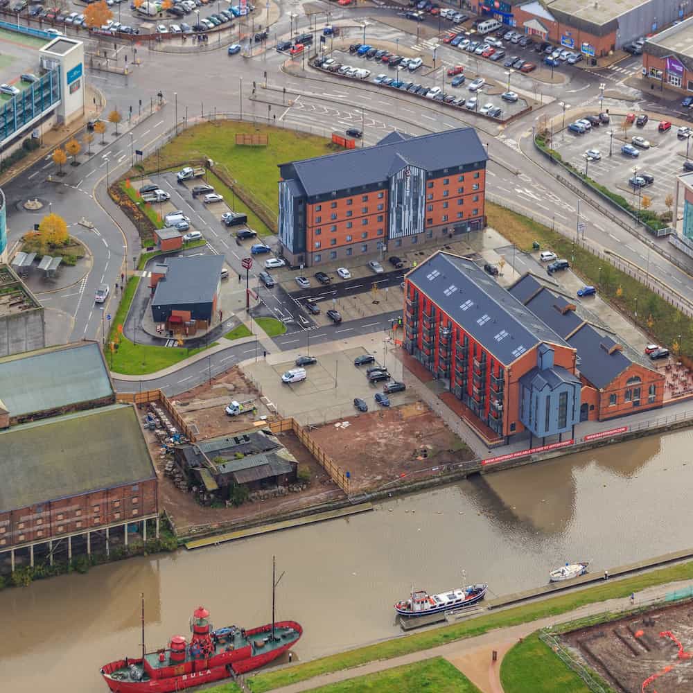 Bakers Quay Gloucester Docks aerial view with Provender and Premier Inn