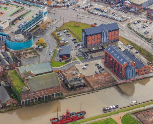 Bakers Quay Development at Gloucester Docks Aerial View with Provender Apartments and Premier Inn